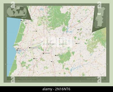 Coimbra, distretto del Portogallo. Aprire la mappa stradale. Località e nomi delle principali città della regione. Mappe delle posizioni ausiliarie degli angoli Foto Stock