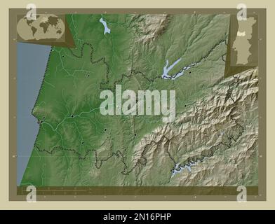 Coimbra, distretto del Portogallo. Mappa dell'altitudine colorata in stile wiki con laghi e fiumi. Posizioni delle principali città della regione. Angolo ausiliario basso Foto Stock