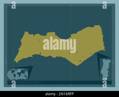 Faro, distretto del Portogallo. Forma a tinta unita. Posizioni delle principali città della regione. Mappe delle posizioni ausiliarie degli angoli Foto Stock