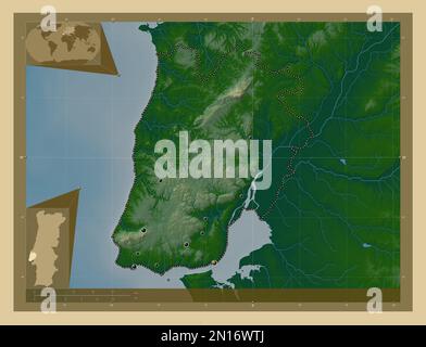 Lisboa, distretto del Portogallo. Mappa di altitudine colorata con laghi e fiumi. Posizioni delle principali città della regione. Mappe delle posizioni ausiliarie degli angoli Foto Stock