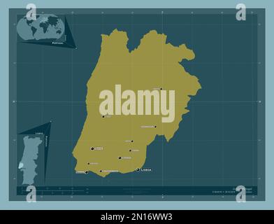 Lisboa, distretto del Portogallo. Forma a tinta unita. Località e nomi delle principali città della regione. Mappe delle posizioni ausiliarie degli angoli Foto Stock