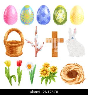 Set di pasqua realistico con immagini isolate di uova colorate ornate cesto nidificano coniglietto e fiori primaverili vettore illustrazione Illustrazione Vettoriale