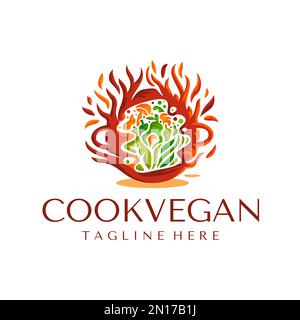 Cuoco modello di disegno di marchio vegan. Chef cucina verdure logo vettore. Illustrazione Vettoriale