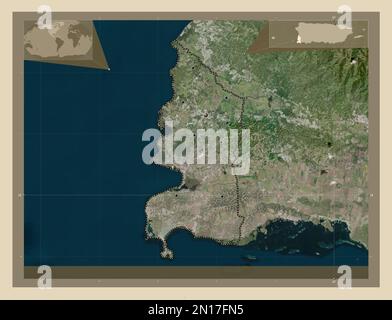 Cabo Rojo, comune di Puerto Rico. Mappa in scala di grigi con laghi e fiumi. Posizioni delle principali città della regione. Posizione ausiliaria d'angolo Foto Stock