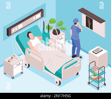 Dopo la lesione sfondo isometrico con il paziente sdraiato a letto e il medico che esamina i raggi X di illustrazione del vettore del braccio rotto Illustrazione Vettoriale