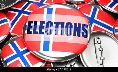 Norvegia ed elezioni - pulsanti pintback elettorali fatti a mano per la pubblicità, la campagna elettorale e il sostegno alla Norvegia nelle elezioni.,3D illustrazione Foto Stock