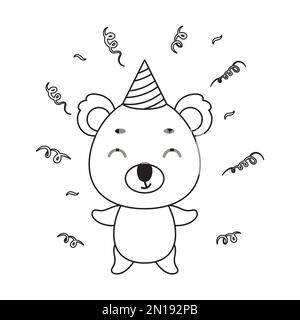 Pagina da colorare carino koala piccolo in cappello di compleanno. Libro da colorare per bambini. Attività educativa per bambini e bambini in età prescolare con animali carini. Illustrazione Vettoriale