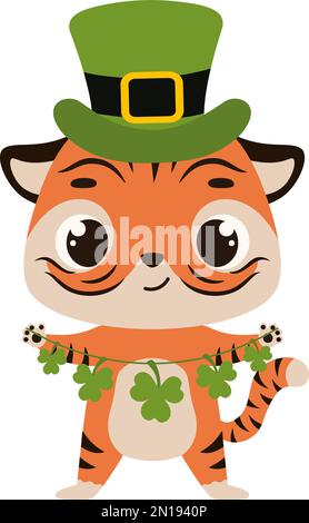 Carina tigre in cappello leprechaun verde con trifoglio. Tema folcloristico delle vacanze irlandesi. Cartoon design per carte, arredamento, camicia, invito. Illustrazione dello stock vettoriale Illustrazione Vettoriale