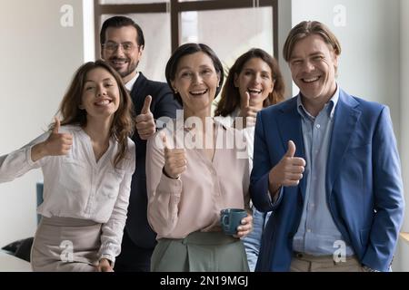 Felice team aziendale diversificato di successo che celebra il raggiungimento Foto Stock