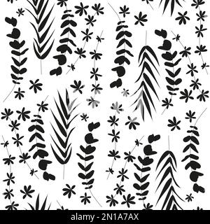 Motivo senza cuciture con foglie di palma tropicali monocromatiche Illustrazione Vettoriale