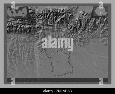 Arges, contea di Romania. Mappa altimetrica bilivello con laghi e fiumi. Posizioni delle principali città della regione. Mappe delle posizioni ausiliarie degli angoli Foto Stock