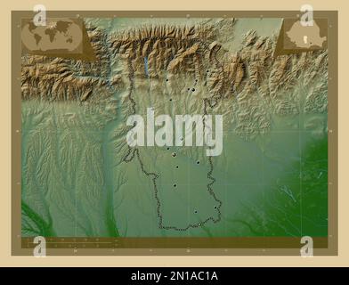 Arges, contea di Romania. Mappa di altitudine colorata con laghi e fiumi. Posizioni delle principali città della regione. Mappe delle posizioni ausiliarie degli angoli Foto Stock