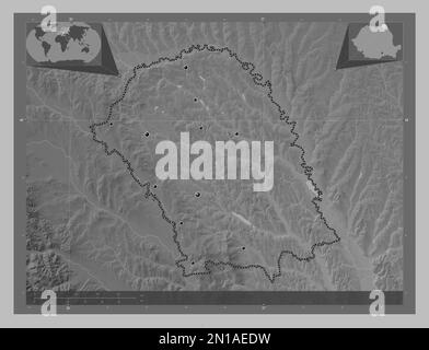 Botosani, contea di Romania. Mappa in scala di grigi con laghi e fiumi. Posizioni delle principali città della regione. Mappe delle posizioni ausiliarie degli angoli Foto Stock