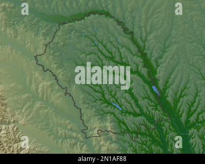 Botosani, contea di Romania. Mappa di altitudine colorata con laghi e fiumi Foto Stock