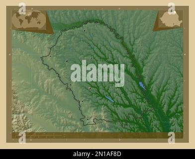 Botosani, contea di Romania. Mappa di altitudine colorata con laghi e fiumi. Posizioni delle principali città della regione. Mappe delle posizioni ausiliarie degli angoli Foto Stock