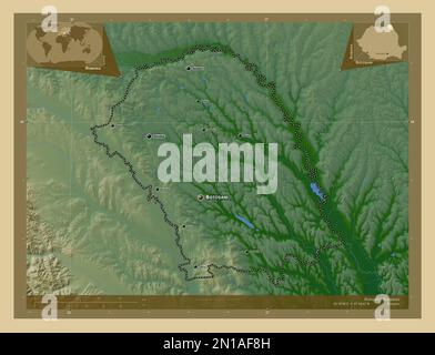 Botosani, contea di Romania. Mappa di altitudine colorata con laghi e fiumi. Località e nomi delle principali città della regione. Posizione ausiliaria ad angolo Foto Stock