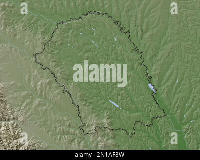 Botosani, contea di Romania. Mappa dell'altitudine colorata in stile wiki con laghi e fiumi Foto Stock