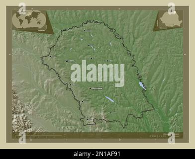 Botosani, contea di Romania. Mappa dell'altitudine colorata in stile wiki con laghi e fiumi. Località e nomi delle principali città della regione. Angolo auxi Foto Stock