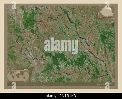 Iasi, contea della Romania. Mappa satellitare ad alta risoluzione. Località e nomi delle principali città della regione. Mappe delle posizioni ausiliarie degli angoli Foto Stock