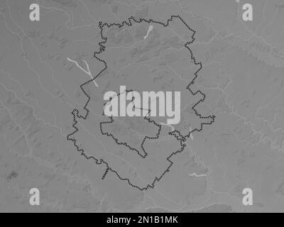 Ilfov, contea della Romania. Mappa in scala di grigi con laghi e fiumi Foto Stock