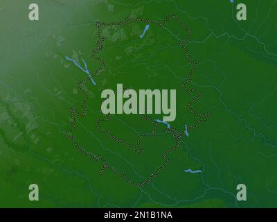 Ilfov, contea della Romania. Mappa di altitudine colorata con laghi e fiumi Foto Stock