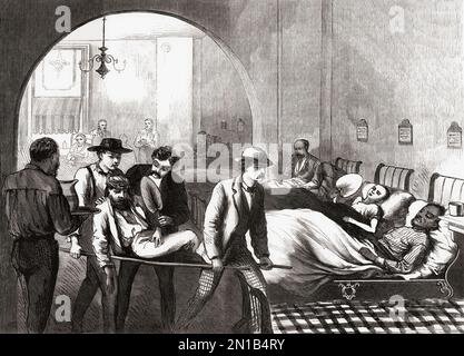 Un uomo è allargato nell'ospedale per i pazienti Sunshared in Centre Street, City Hall Park, New York City. Dopo un'illustrazione nel giornale illustrato di Frank Leslie, agosto 1870. Foto Stock