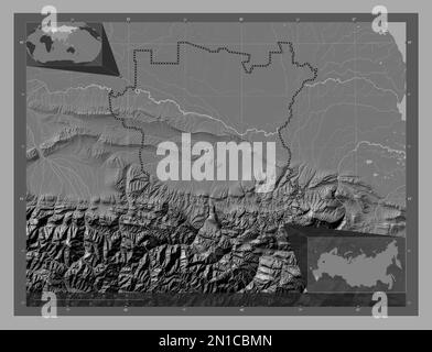 Cecenia, repubblica di Russia. Mappa altimetrica bilivello con laghi e fiumi. Mappe delle posizioni ausiliarie degli angoli Foto Stock