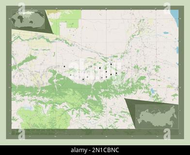 Cecenia, repubblica di Russia. Aprire la mappa stradale. Posizioni delle principali città della regione. Mappe delle posizioni ausiliarie degli angoli Foto Stock