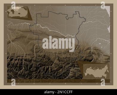 Cecenia, repubblica di Russia. Mappa dell'altitudine colorata in tonalità seppia con laghi e fiumi. Mappe delle posizioni ausiliarie degli angoli Foto Stock