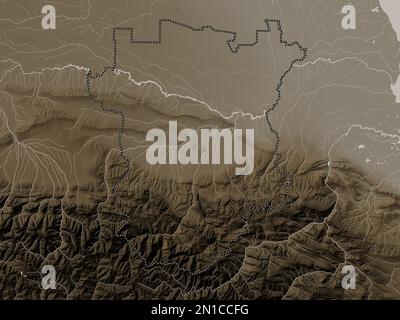 Cecenia, repubblica di Russia. Mappa dell'altitudine colorata in tonalità seppia con laghi e fiumi Foto Stock