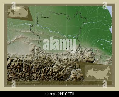 Cecenia, repubblica di Russia. Mappa dell'altitudine colorata in stile wiki con laghi e fiumi. Posizioni delle principali città della regione. Pos. Ausiliario angolo Foto Stock