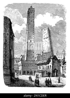 Le due torri medievali di Bologna: Asinelli (98 mt.) E Garisenda (48mt.) utilizzato per scopi offensivi/difensivi e simbolo del potere della r Foto Stock