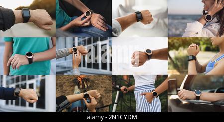 Foto di persone che utilizzano diversi orologi intelligenti, primo piano. Design collage Foto Stock