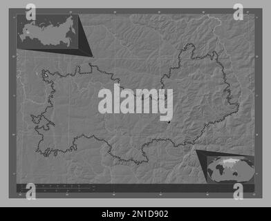 Mordovia, repubblica di Russia. Mappa altimetrica bilivello con laghi e fiumi. Mappe delle posizioni ausiliarie degli angoli Foto Stock