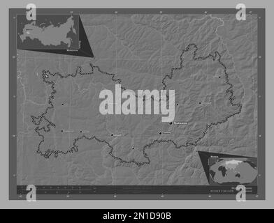 Mordovia, repubblica di Russia. Mappa altimetrica bilivello con laghi e fiumi. Località e nomi delle principali città della regione. Posizione ausiliaria angolo Foto Stock