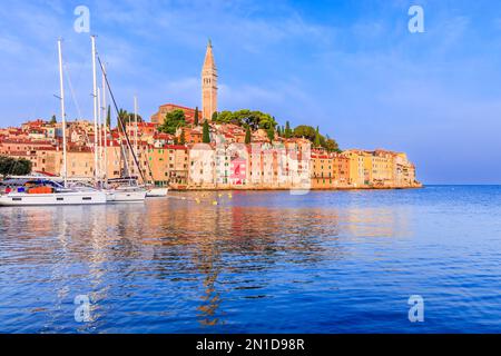 Rovigno, Croazia. Vista mattutina del centro storico sulla costa occidentale della penisola istriana. Foto Stock