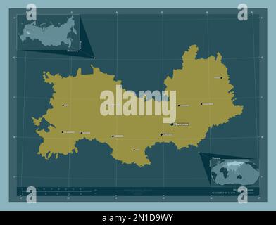 Mordovia, repubblica di Russia. Forma a tinta unita. Località e nomi delle principali città della regione. Mappe delle posizioni ausiliarie degli angoli Foto Stock