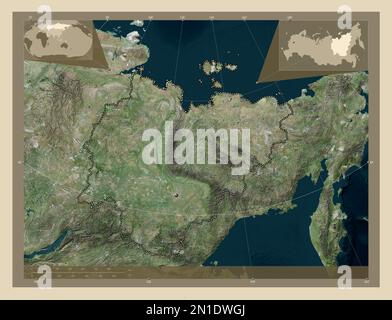 Sakha, repubblica di Russia. Mappa satellitare ad alta risoluzione. Mappe delle posizioni ausiliarie degli angoli Foto Stock