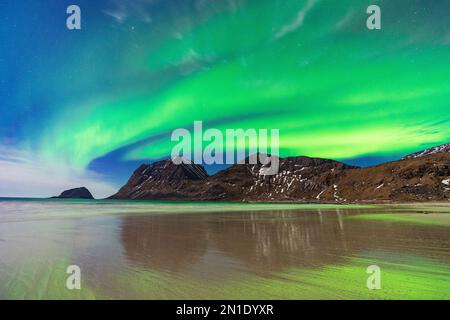 Le luci verdi dell'aurora boreale si riflettono nel mare ghiacciato di Haukland Beach, Leknes, contea di Nordland, Isole Lofoten, Norvegia Foto Stock