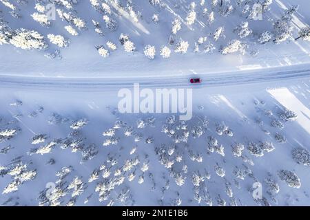 Vista dall'alto dell'automobile che guida su una strada tortuosa nella foresta invernale coperta di neve, Kangos, Norrbotten County, Lapponia, Svezia, Scandinavia, Europa Foto Stock