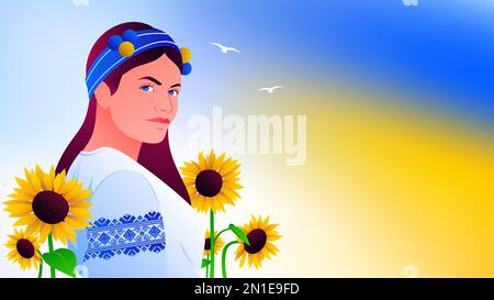 Ragazza Ucraina con girasoli e sfondo blu e giallo. Illustrazione vettoriale Illustrazione Vettoriale