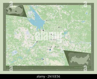 Yaroslavl', regione della Russia. Aprire la mappa stradale. Località e nomi delle principali città della regione. Mappe delle posizioni ausiliarie degli angoli Foto Stock