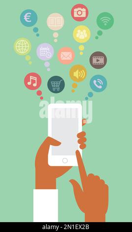 Mano azienda smartphone con colorate le icone delle app concept Illustrazione Vettoriale