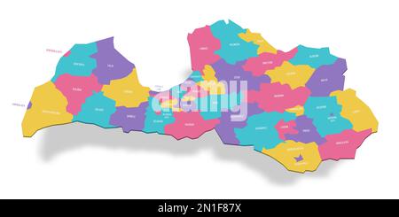 Lettonia carta politica delle divisioni amministrative - comuni e città. Mappa vettoriale a colori 3D con etichette dei nomi. Illustrazione Vettoriale