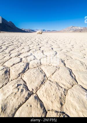 Una roccia commovente presso l'ippodromo, una playa o un letto di lago essiccato, nel Death Valley National Park, California, Stati Uniti d'America, Nord America Foto Stock