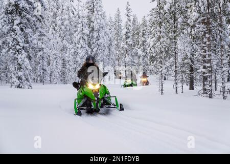 Turisti in motoslitta nella foresta invernale coperta di neve, Lapponia, Svezia, Scandinavia, Europa Foto Stock