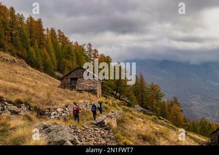 Tre escursionisti su mulattiera nei pressi di una capanna, Val di Lys, Gressoney, Valle d'Aosta, Italia, Europa Foto Stock