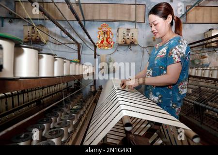 Donna che lavora in una fabbrica di seta tradizionale, Tan Chau, Vietnam, Indochina, Asia sudorientale, Asia Foto Stock