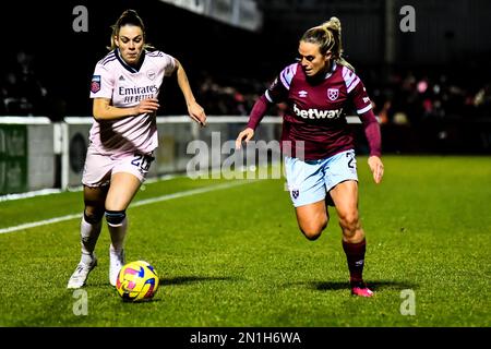 Dagenham, Inghilterra, 04 2023 febbraio: Gio Queiroz (20 Arsenal) durante il gioco della Super League di Barclays fa Womens tra West Ham United e Arsenal a Dagenham e il Chigwell Construction Stadium di Redbridge. (K Hodgson/SPP) Foto Stock