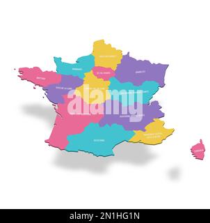 Francia carta politica delle divisioni amministrative - regioni. Mappa vettoriale a colori 3D con etichette dei nomi. Illustrazione Vettoriale